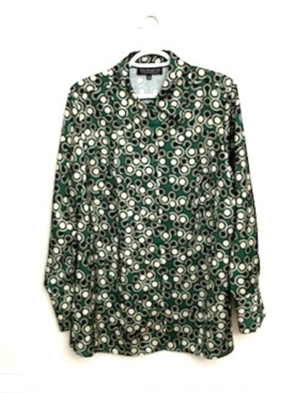 Eloquii Blouse Top Women's 14 Green Ivory Black Yellow Dot Print